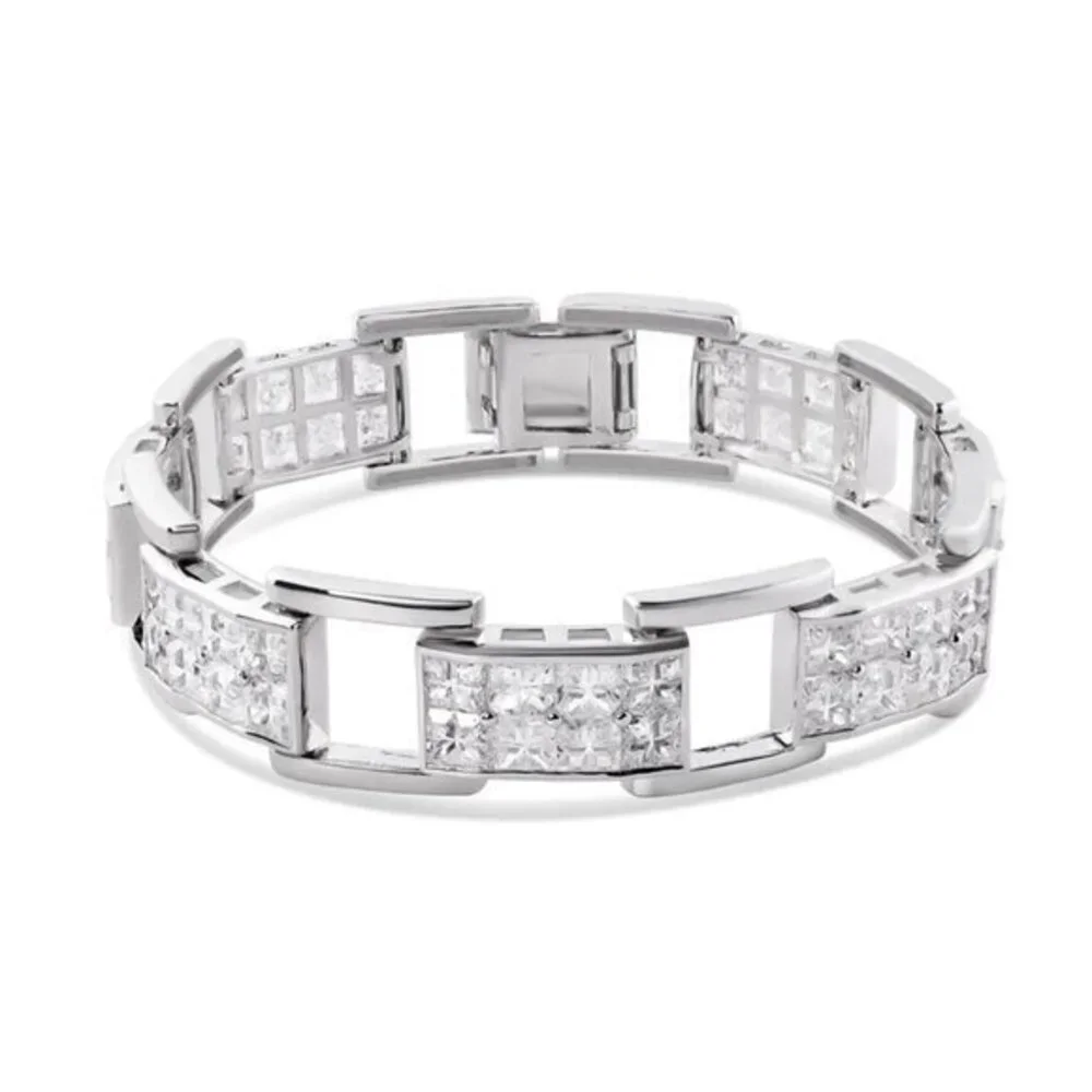 Men's Rhodium Plated 925 Sterling Silver Link CZ Studded 20mm Bracelet 9.5 inch